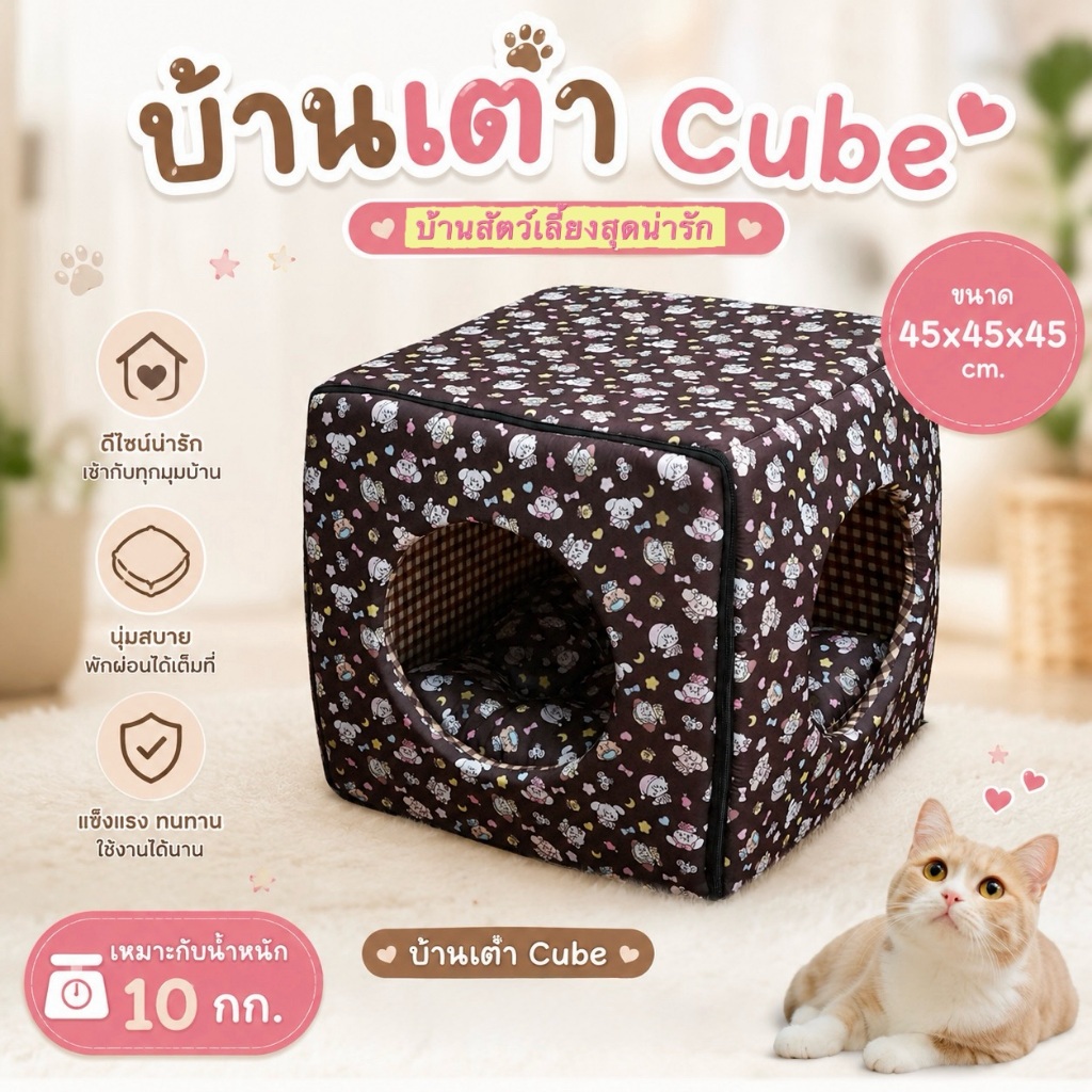 บ้านสุนัข บ้านแมว ลูกเต๋า Cube สําหรับน้องหมา-แมวไม่เกิน 10 กก. (ขนาดประมาณ 45 x 45 x 45 ซม.)