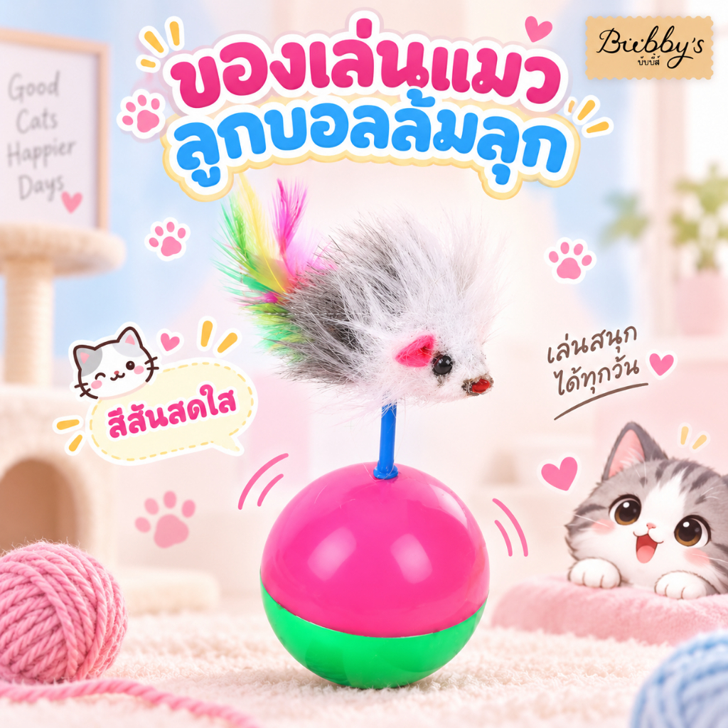 PP-117 Bubby's ลูกบอลแมวล้มลุก พร้อมขนนก สีสันสดใส ⭐ สินค้าพร้อมจัดส่ง⭐ บับบี้ Bubby By pet project mall