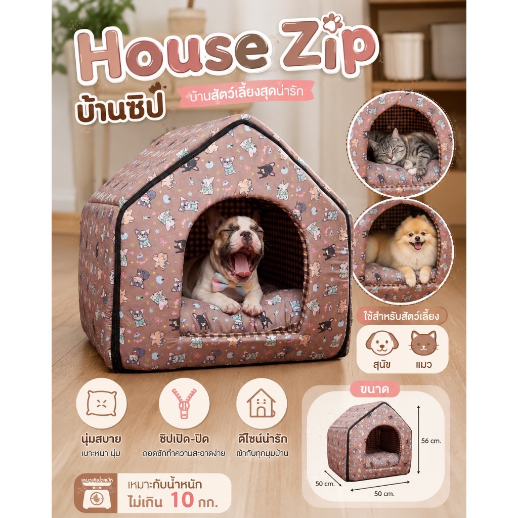 Mahjeb บ้านหมาแมว ทรงบ้านซิป HZ#L เหมาะกับน้ําหนักไม่เกิน 10 กก. (ขนาด 50x56 cm.)