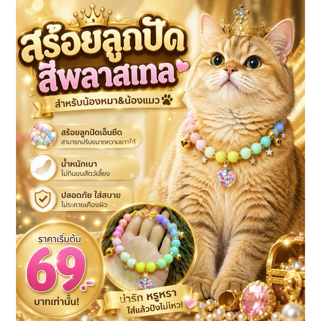 สร้อยคอหมาแมว งานลูกปัดสีพาสเทลผสมข้อเพชรทอง ขนาด10 มิล น้ําหนักเบา