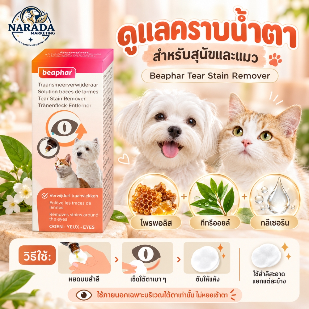 Beaphar Tear Stain Remover Dog & Cat (50 มล.) น้ํายาเช็ดคราบน้ําตา ขจัดคราบเหลืองและคราบฝังลึก สําหรับสุนัขและแมว