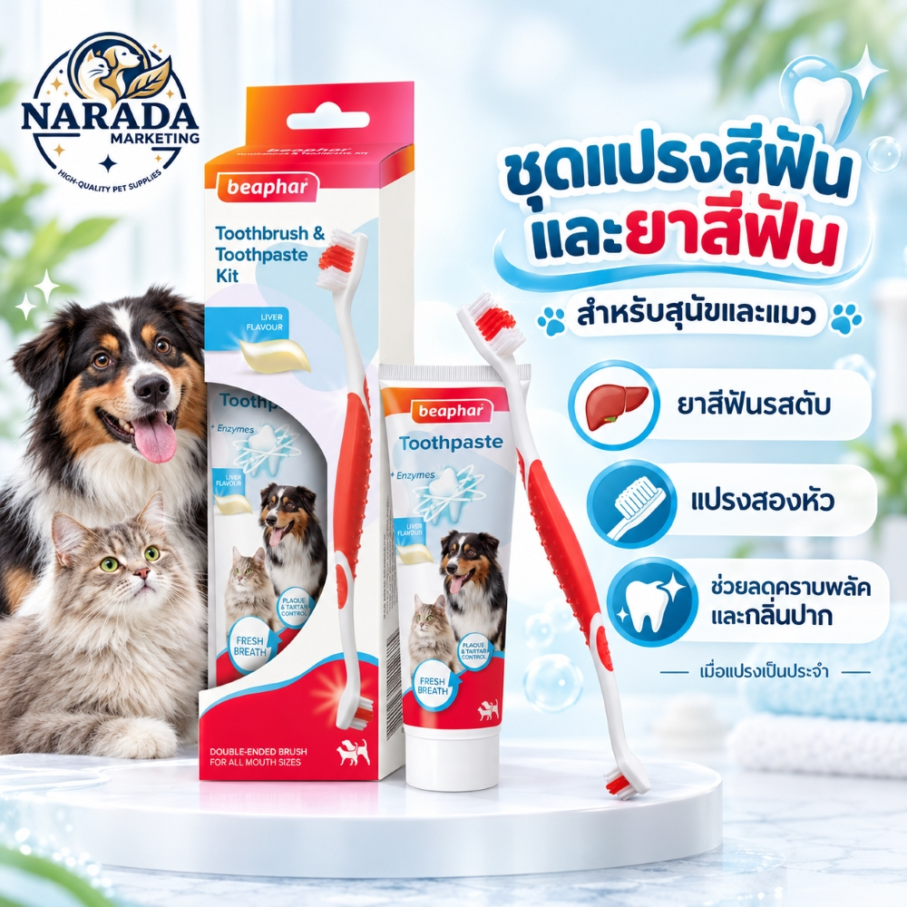Beaphar ชุดแปรงสีฟันและยาสีฟันสุนัขและแมว รสตับ ช่วยลดคราบพลัคและหินปูน ลมหายใจสดชื่น ขนาด 100 กรัมพร้อมแปรง 2 ด้าน
