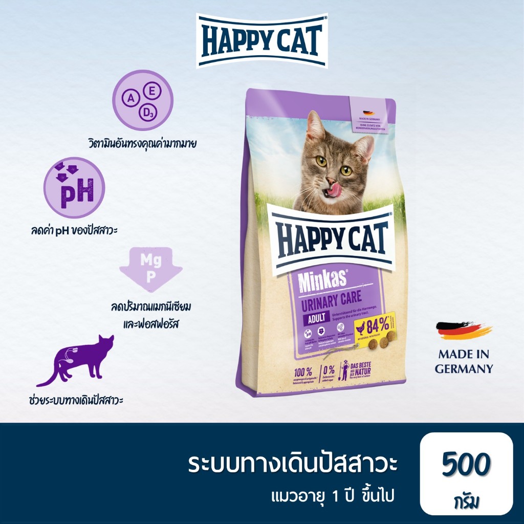 HAPPY CAT Minkas Urinary Care Geflugel สําหรับอาหารแมวโต ลดการเกิดก้อนนิ่ว ปัสสาวะติดขัด เนื้อสัตว์ปีกและเนื้อปลา 500 g