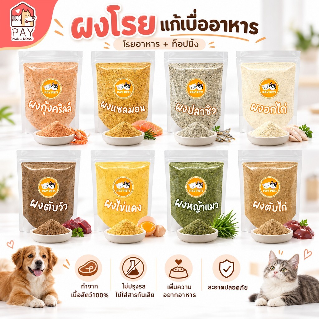 ผงโรยอาหารหมา-แมว เพิ่มความอยากอาหาร สูตรธรรมชาติ 100% ไม่เค็ม ไม่ใส่สารกันบูด สําหรับอาหารเม็ด เปียก BARF