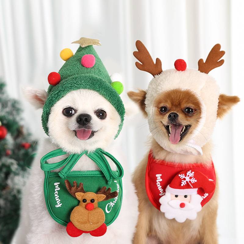 ผ้ากันเปื้อนหมวกคริสต์มาสสําหรับสัตว์เลี้ยงสุนัขแมว