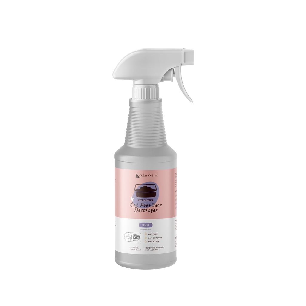 Kin+Kind Kitty Litter Cat Pee+Odor Destroyer สเปรย์ออร์แกนิคสําหรับดับกลิ่นอึและฉี่แมวสําหรับกระบะทรายแมว กลิ่นฟลอรัล