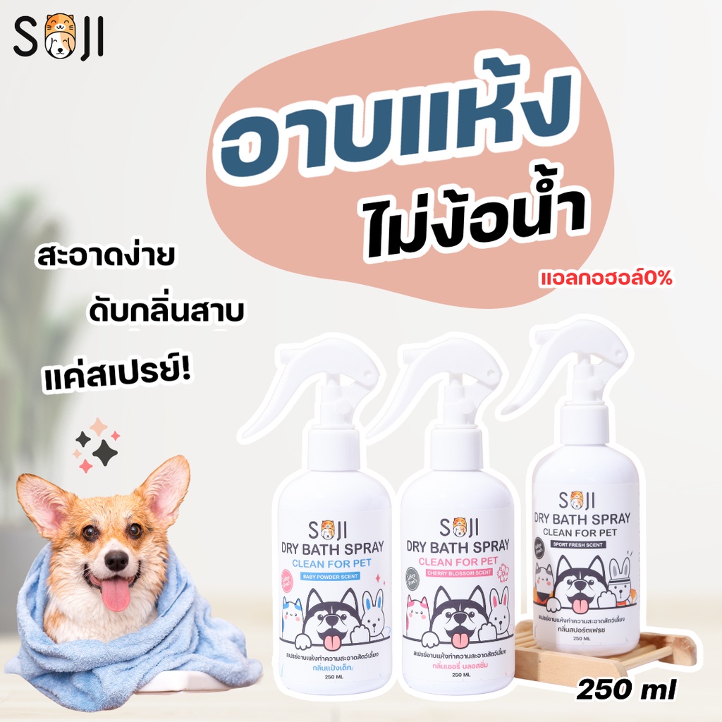 SOJI สเปรย์อาบน้ําแห้ง🐶🐱🐰 สุนัข แมว กระต่าย ดับกลิ่นสาบ แทนน้ําหอม ไม่มีแอลกอฮอล์ ขนาด 250 ml มี3 กลิ่น