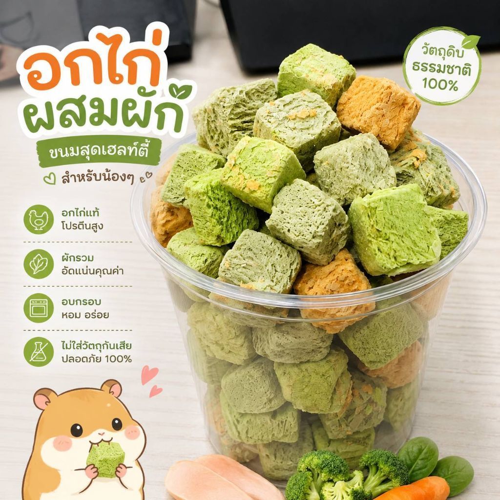 อกไก่ผสมผัก ขนมฟรีซดราย (Freeze-dried treats) ขนมสําหรับน้องหมาและน้องแมว และ สัตว์เล็ก
