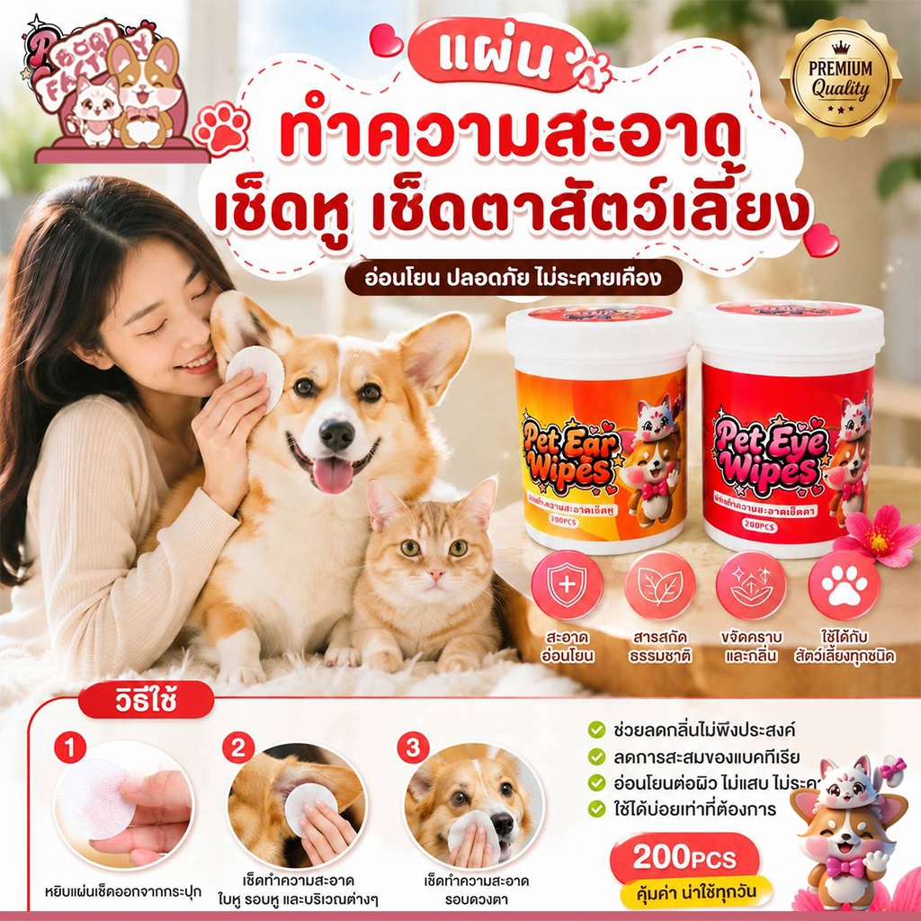 ผ้าเช็ดทําความสะอาดสัตว์เลี้ยง ตา หู แบบอ่อนโยน สําหรับแมวและสุนัข ห่อละ 200 ชิ้น LZ888