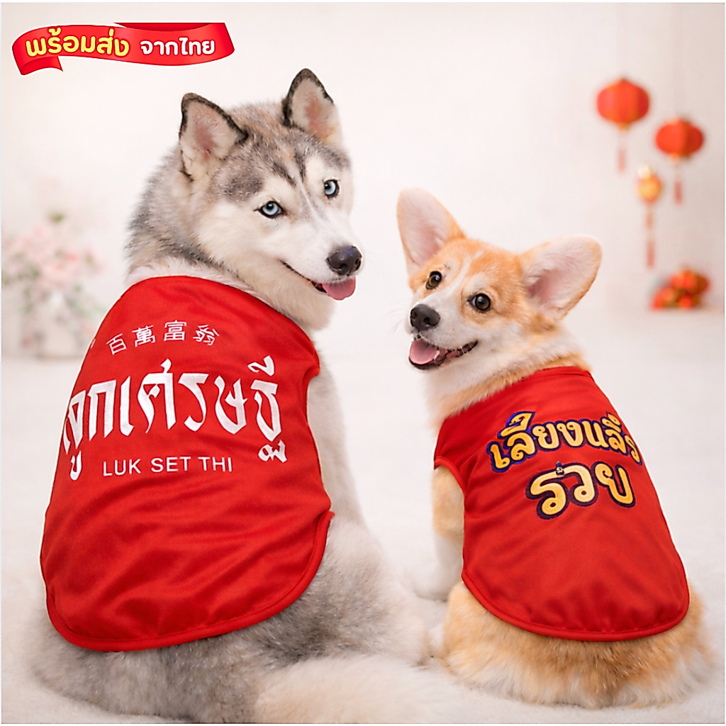 เสื้อจีนหมาแมว เสื้อกล้าม สีแดง มีลายตัวอักษรจีน มังกร ลูกเศรษฐี และ รวย รวย
