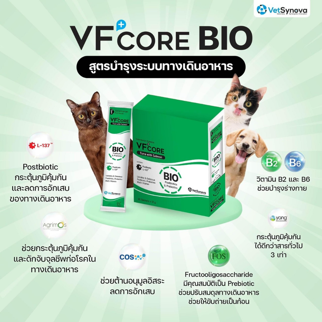 ยกกล่อง VFcore Bioใหม่ ขนมแมวเลียสูตรลดอาการท้องเสีย ถ่ายเหลว ปรับสมดุลลําไส้ กระตุ้นภูมิ บรรจุ 30 ซอง