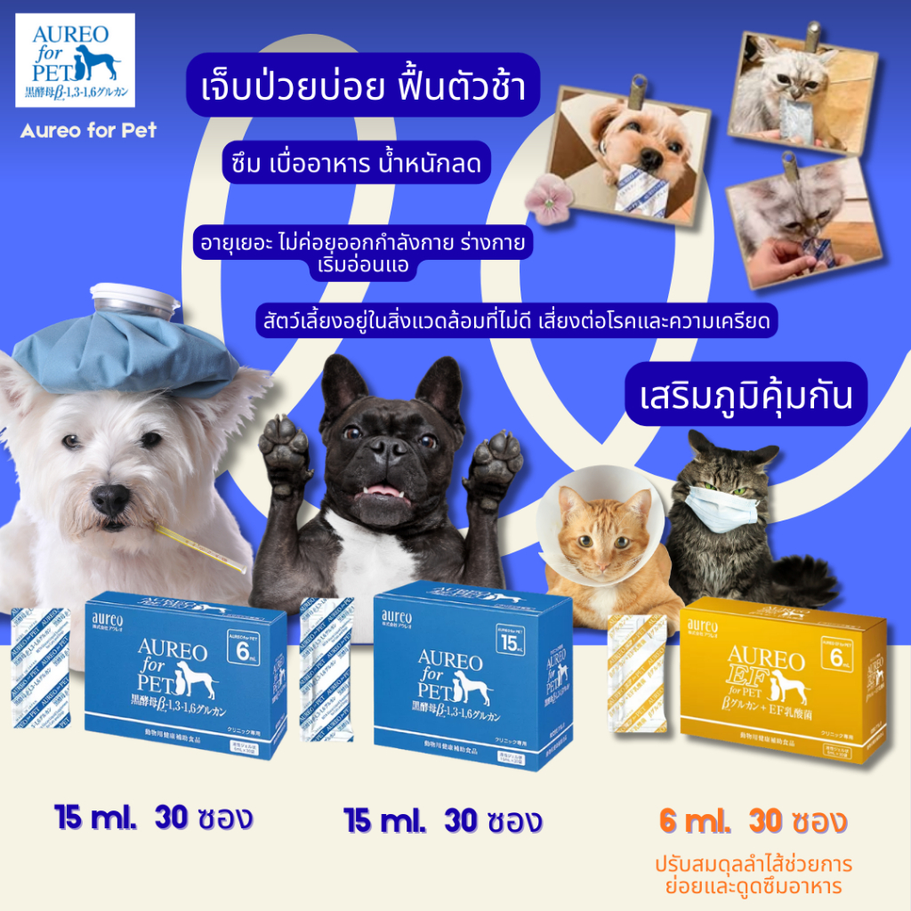 AUREO for Pet เบต้ากลูแคน อาหารเสริมภูมิคุ้มกันสําหรับสุนัขและแมว บรรจุ 10 ซอง / 1 กล่อง ขนาด 6,15ml