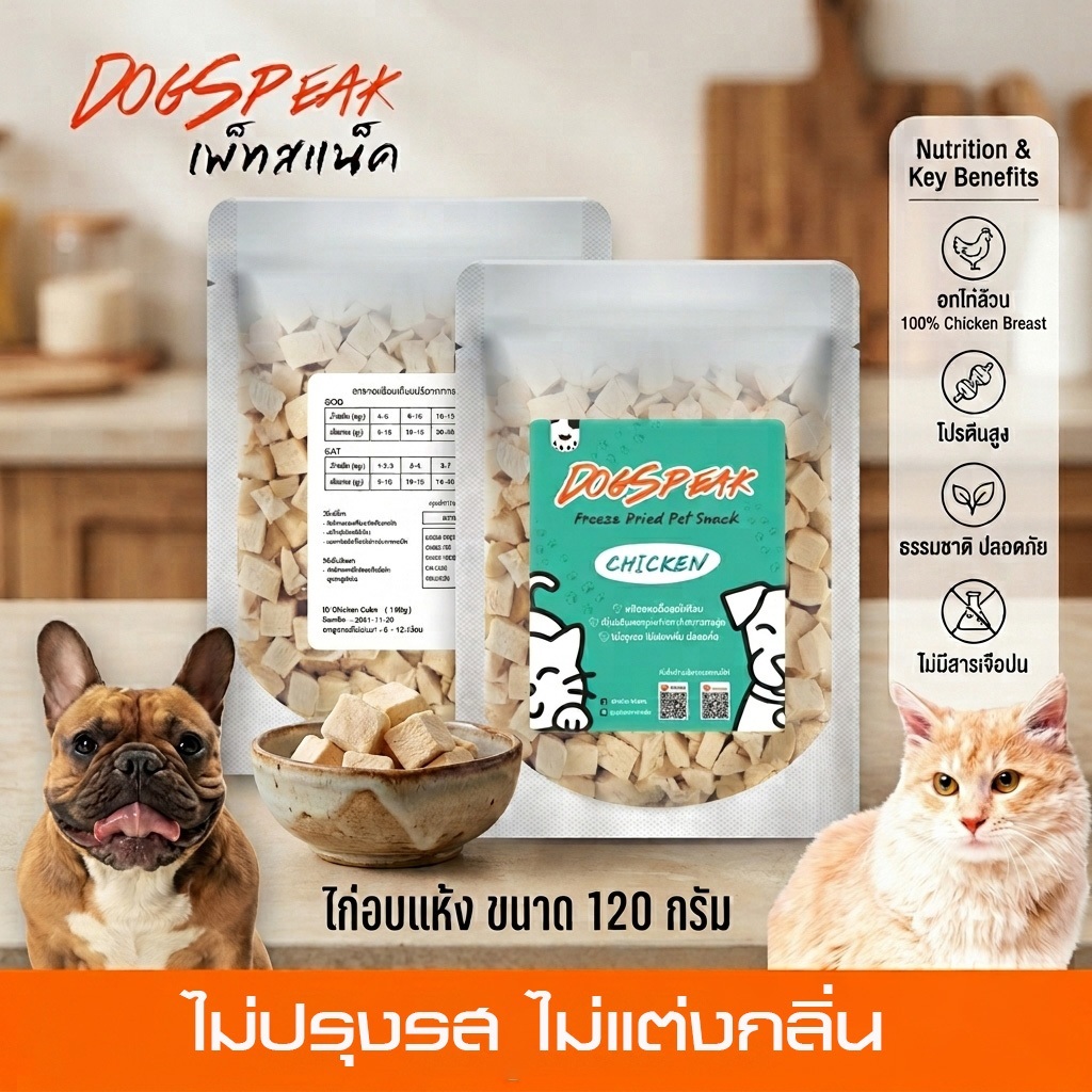 อัพไซต์❗❗ เนื้อไก่อบแห้งฟรีซดราย (FD Chicken Dice) บรรจุซอง 120 กรัม ขนมหมา ขนมแมว