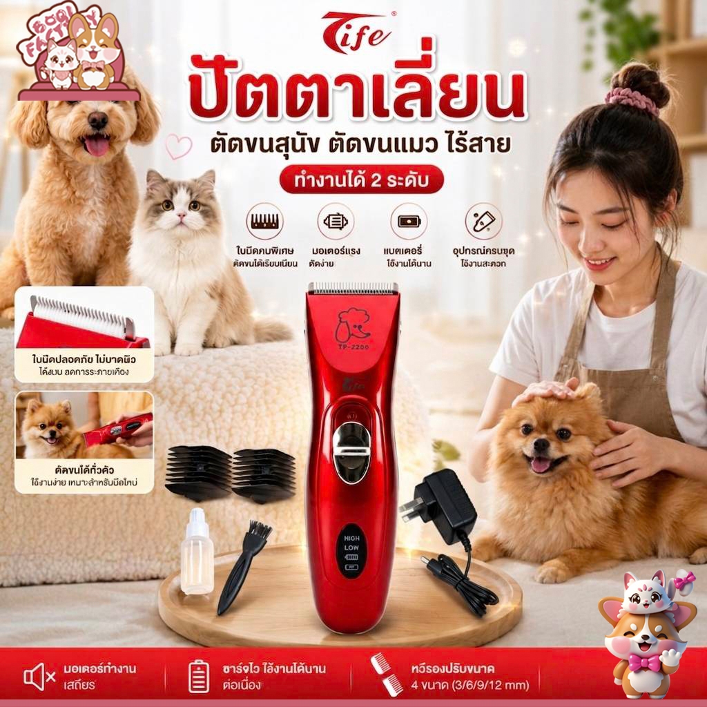 แบตตาเลียนตัคขนสุนัขTife รุ่น TP2280เเบบไร้สาย สําหรับตัดขนน้องหมาแมวให้ได้ทรงสวย ตัดขนสุนัขที่บ้านด้วบแบตตา