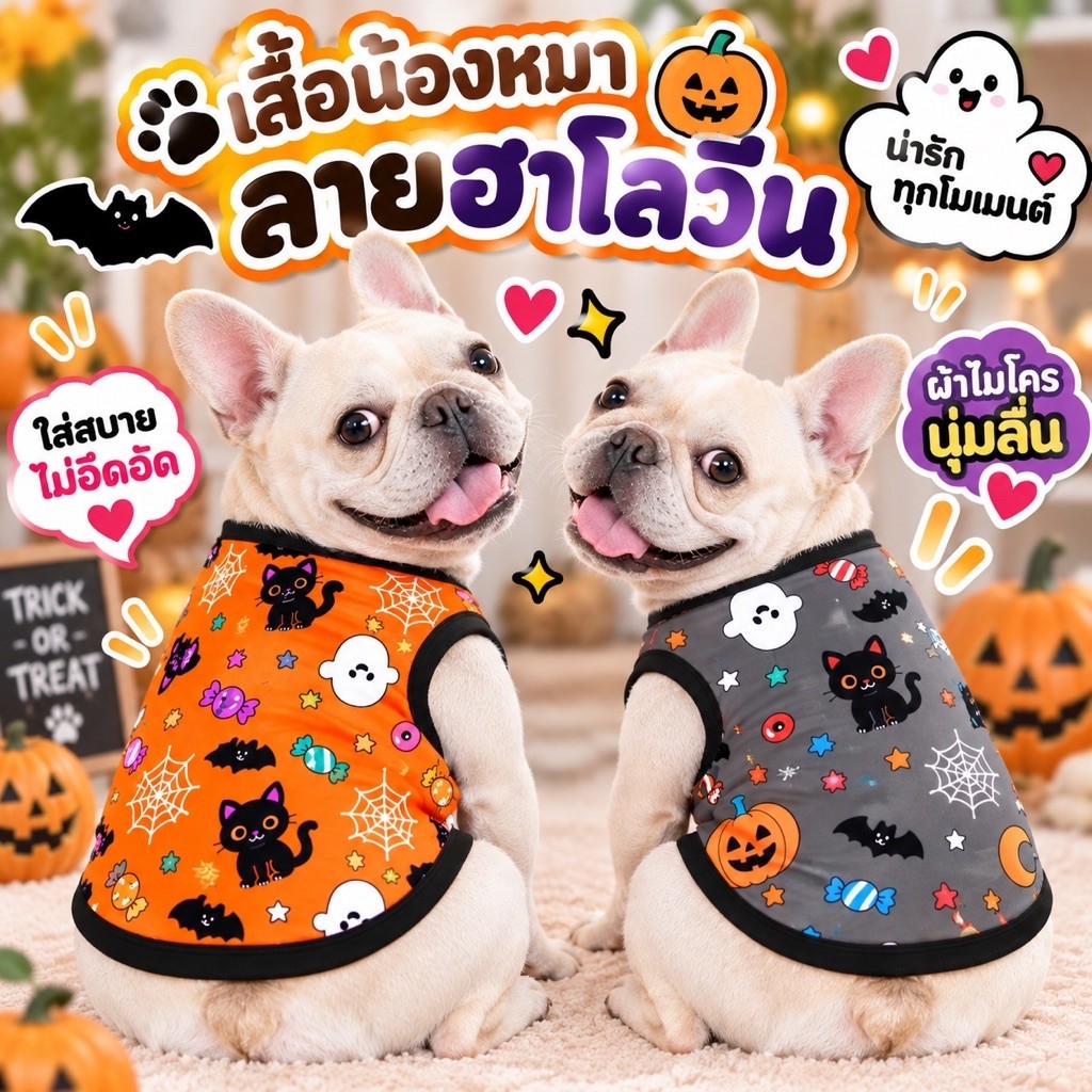 เสื้อหมา เสื้อแมว ฮาโลวีน เสื้อฝักทอง เนื้อผ้าไมโคร ไม่ติดขน ใส่สบาย (เลือกลายได้)