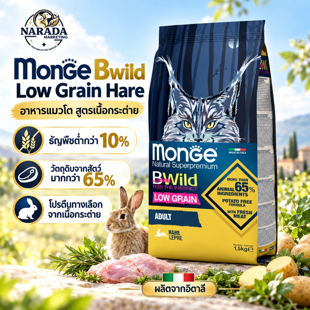Monge BWild Low Grain อาหารแมวโต สูตรเนื้อกระต่าย ลดโอกาสการแพ้ บํารุงลําไส้ ขนาด 1.5 กก