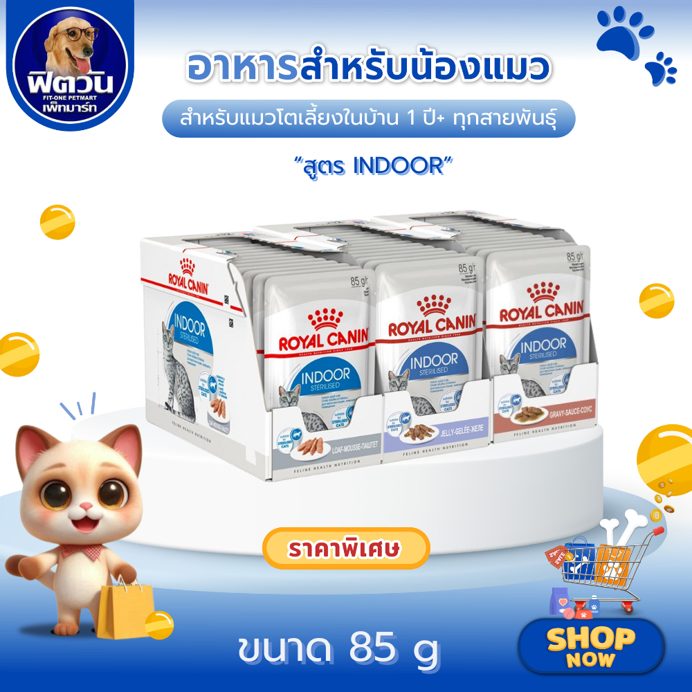 Royal Canin Indoor Pouch อาหารเปียกแมว ชนิดซอง สูตรแมวเลี้ยงในบ้าน ช่วงอายุ แมวโต 1 ปีขึ้นไป{อาหารเปียกแมว} 1 กล่อง X12