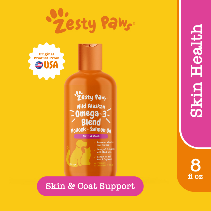 Zesty Paws Pure Wild Alaskan Omega-3 Salmon Oil for Dogs Cats Skin Health สําหรับผิวพรรณสุนัขและแมว (8ออนซ์ / 237มิลลิลิตร) (EXP:08 2027)