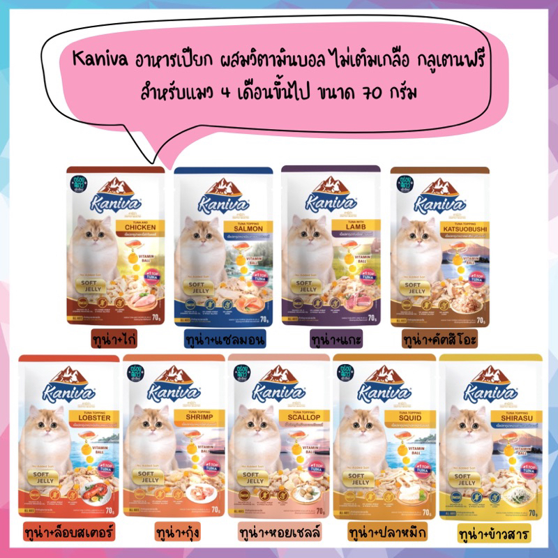 ยกโหล 12 ซอง🌟 Kaniva อาหารเปียกคานิว่า เหมาะสําหรับลูกแมวและแมวโต ขนาด 70 กรัม