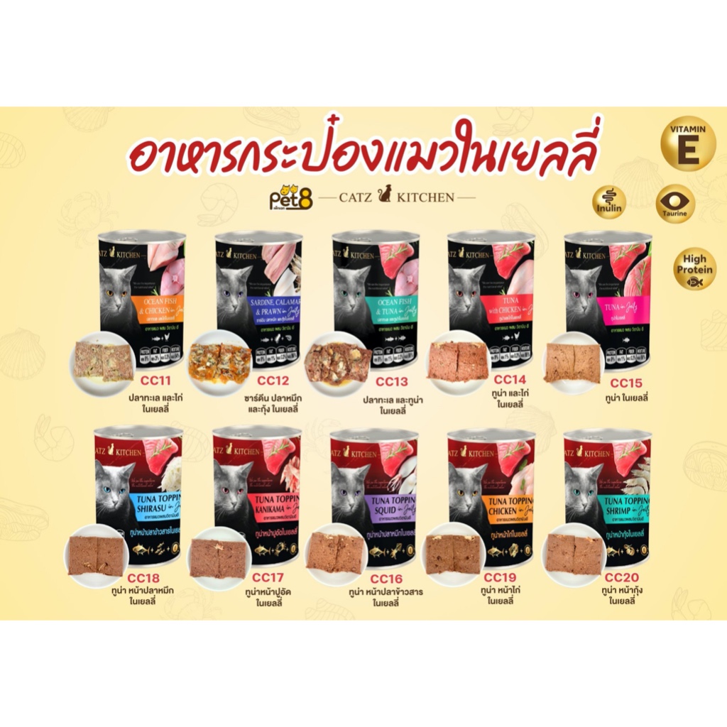 PET8 อาหารแมว ในเยลลี่ 10 รสชาติ ยกโหล ไม่เค็ม เสริมวิตามิน E Grain Free ยกโหล CATZ KITCHEN 400g
