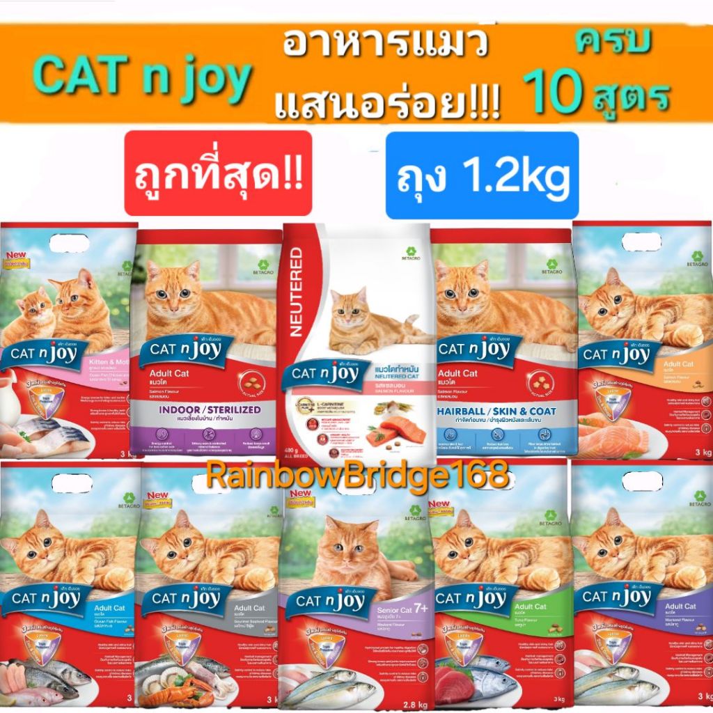Cat n joy 1.2kg แค็ท เอ็นจอย อาหารแมว แสนอร่อย ครบ 10 สูตร Neutered Hairball ทําหมัน รสแซลมอน คุณภาพ ถุงขนาด 1.2 กก