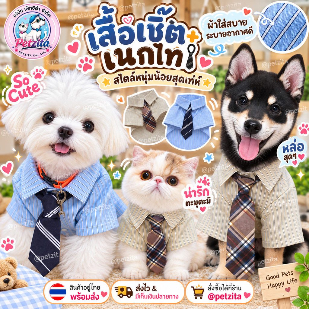 เสื้อเชิ๊ตสุดเท่ห์+เนกไท เสื้อสัตว์เลี้ยง สุนัข เสื้อหมา แมว
