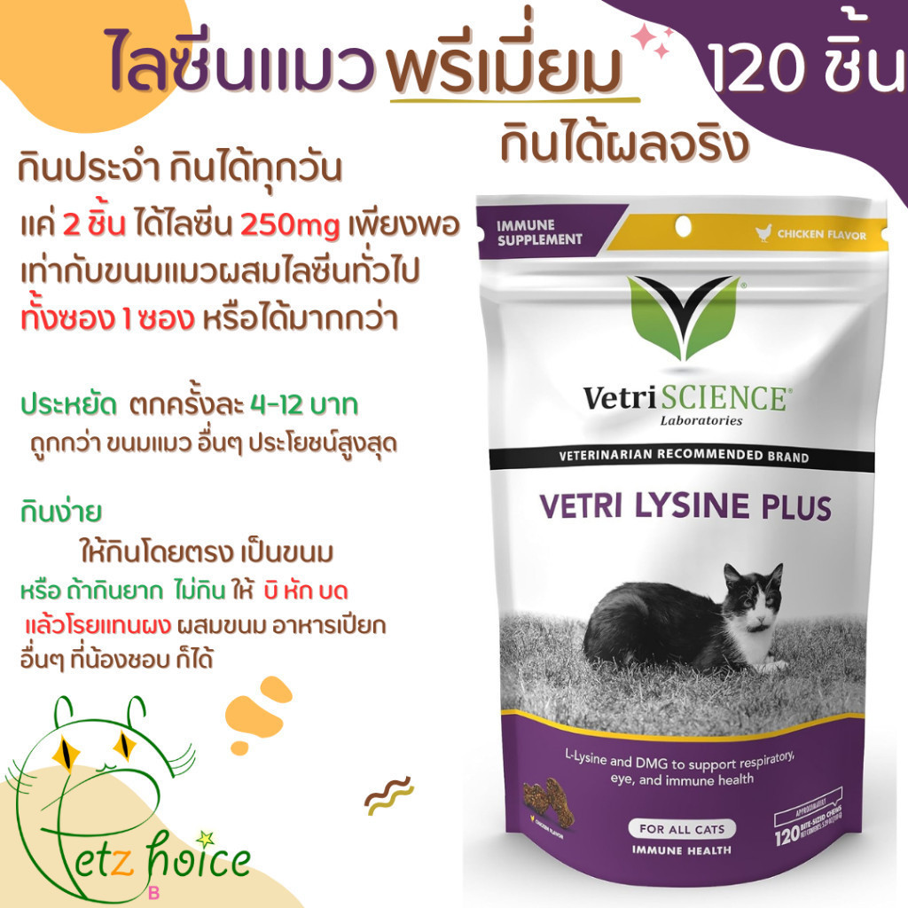 exp11/26 ไลซีน Lysine DMG 120 ชิ้น แมว บํารุง เสริม กระตุ้น ภูมิคุ้มกัน สุขภาพ วิตามิน ขนม เอดส์ ป่วย cat VetriScience