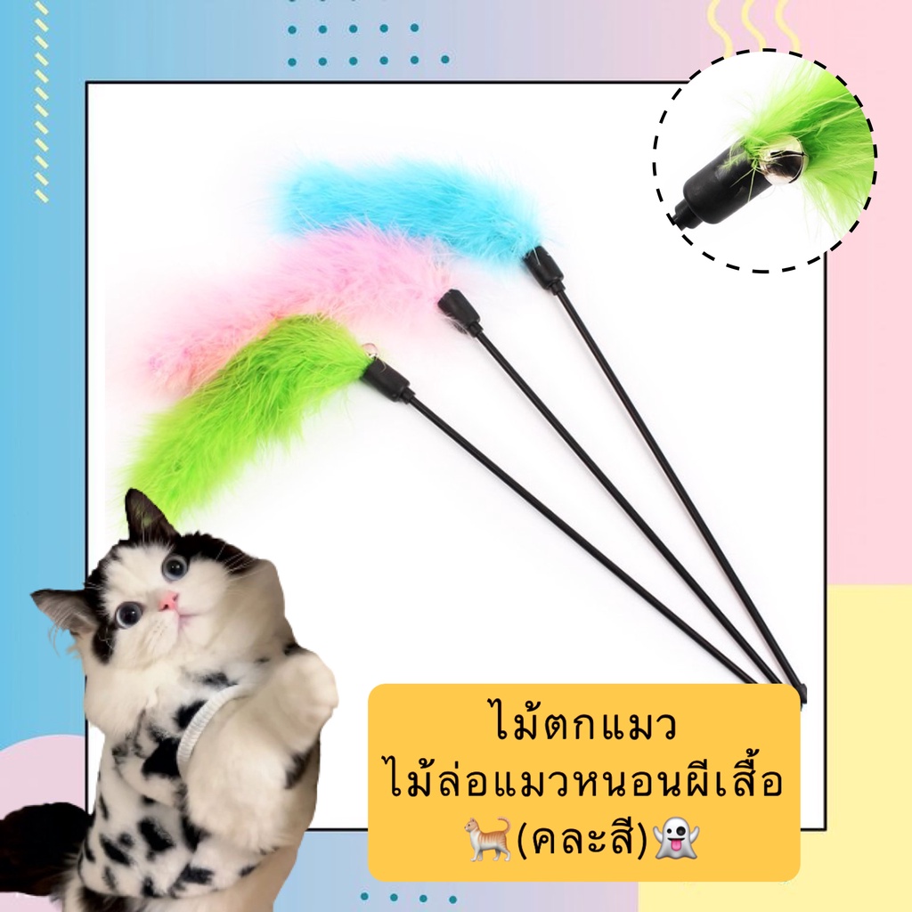 AL-397 ไม้ตกแมว ไม้ล่อแมวหนอนผีเสื้อ (คละสี) ของเล่นแมว ยาว 50 cm. ราคาถูก