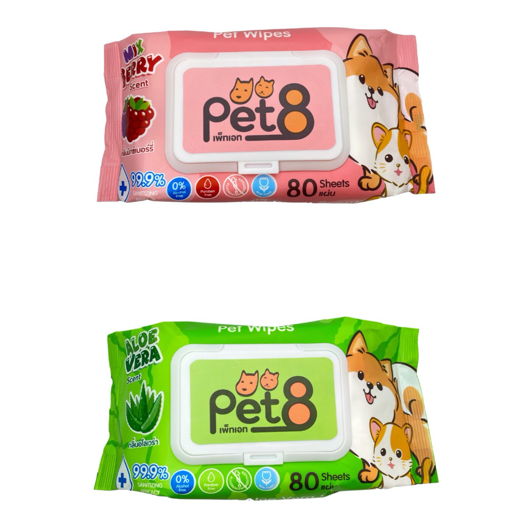 PET8 Petwipes ทิชชู่เปียก สําหรับสุนัขและแมว สูตรอ่อนโยนพิเศษ ปราศจากแอลกอฮอล์และพาราเบน 80 แผ่น
