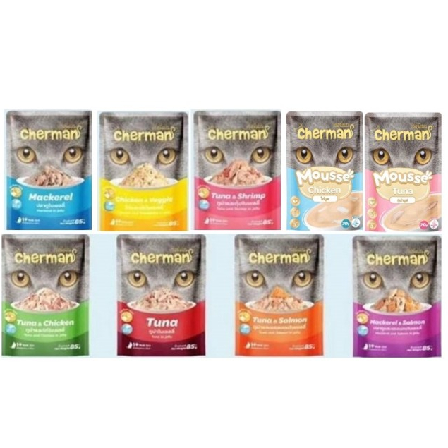 Cherman เชอร์แมน อาหารแมวเปียก โต / มูสลูกแมว ชนิดซอง 85 กรัม (48ซอง)