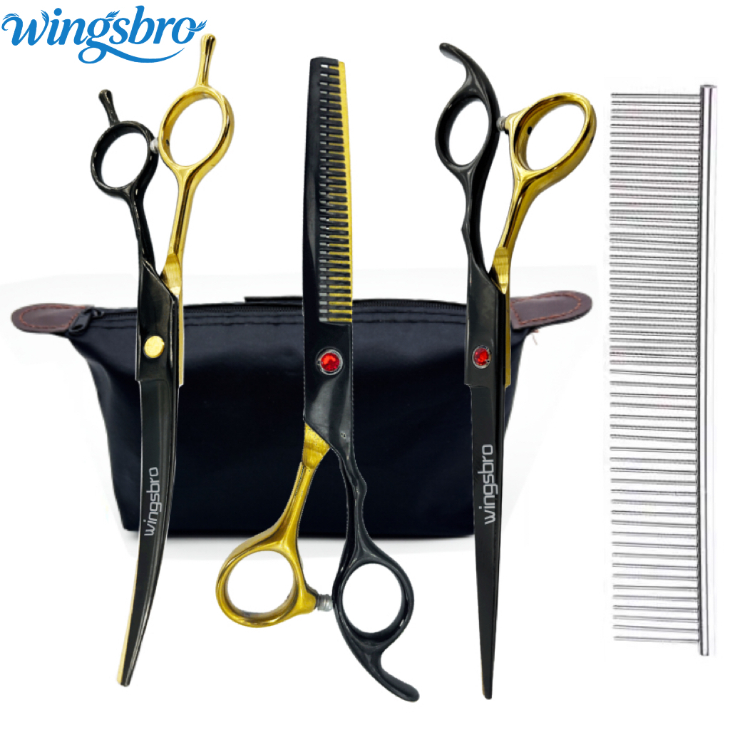 Wingsbro (7.5 นิ้ว) ชุดกรรไกรตัดแต่งขนสัตว์เลี้ยง 4 in 1 ชุดกรรไกรแมวและสุนัขพร้อมโค้งและกรรไกรผอมบาง