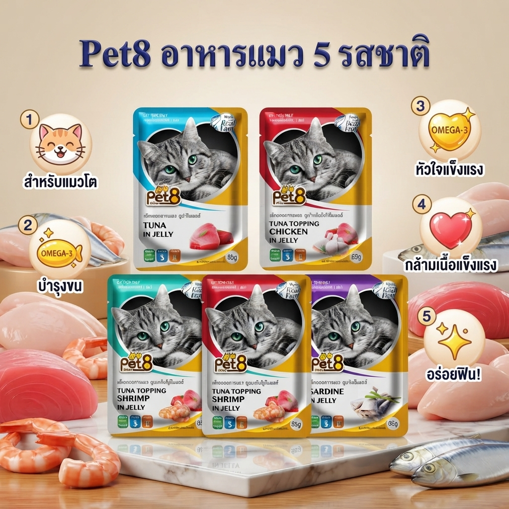 Pet8 อาหารเปียกแมว ปลาทูน่า 5 รสชาติ ขายดี คละซอง ในเยลลี่ 70 กรัม