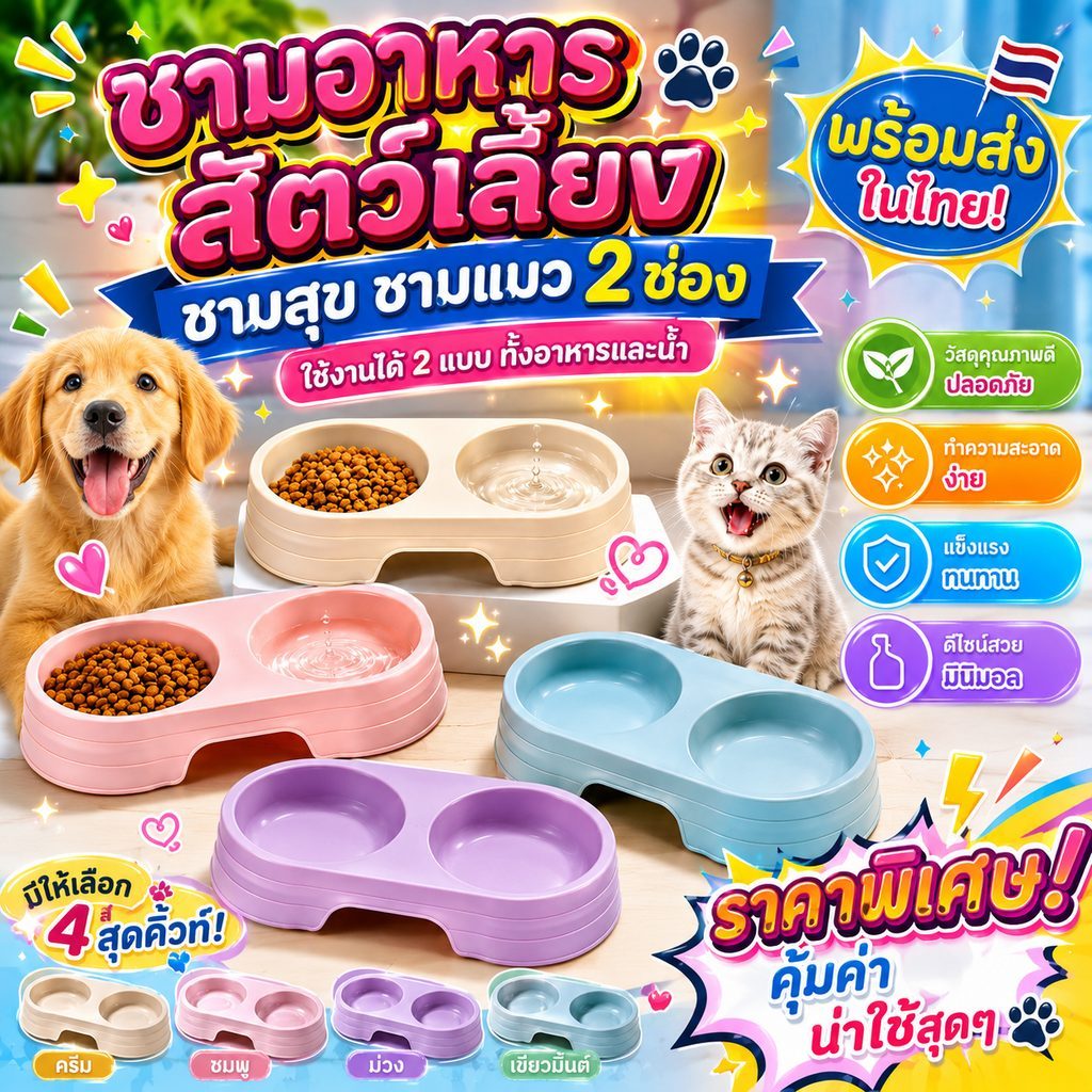 ชามอาหารสัตว์เลี้ยง ชามสุนัข ชามแมว ชาม 2 ช่อง งานดีเกรมคุณภาพ