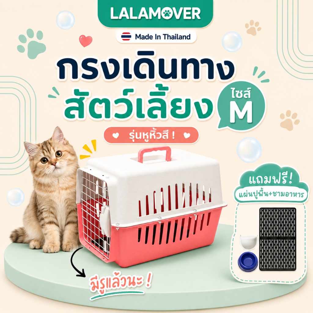 กรงหิ้วหมา กรงหิ้วแมว(หูหิ้วสีเดียวกับกรง)(แถม ชามอาหาร ชามเกี่ยวกรง แผ่นปูพื้น )