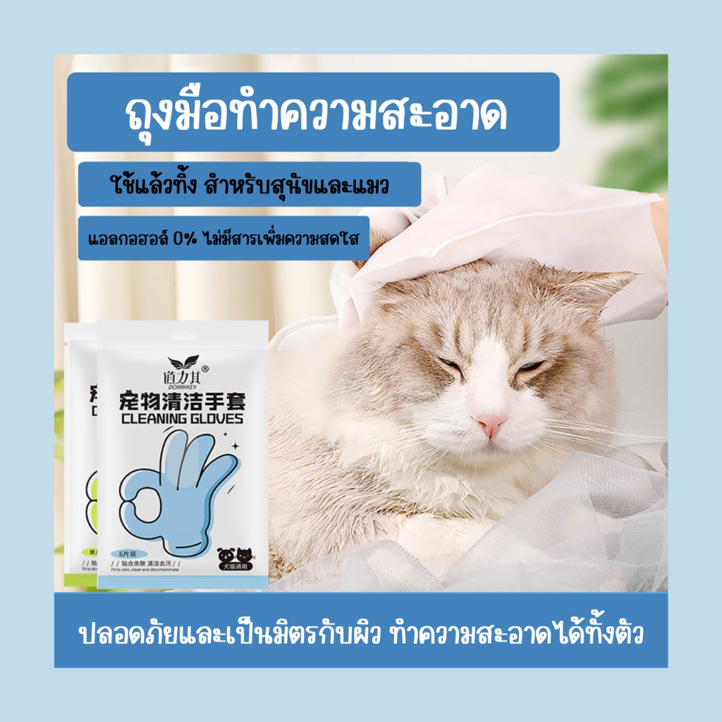 จากไทย ถุงมือ ทําความสะอาด เท้า แมว หมา สุนัข สัตว์เลี้ยง อาบน้ําแห้ง 6ชิ้น ทําจากธรรมชาติ ใช้แล้วทิ้ง