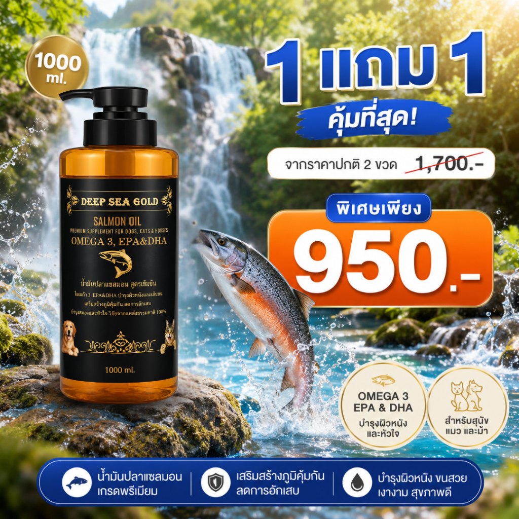 1 แถม 1 | Deep Sea Gold Salmon Oil 1000ml | น้ํามันปลาแซลมอน Omega 3 EPA DHA บํารุงขน ผิวหนัง ข้อ สําหรับสุนัขและแมว