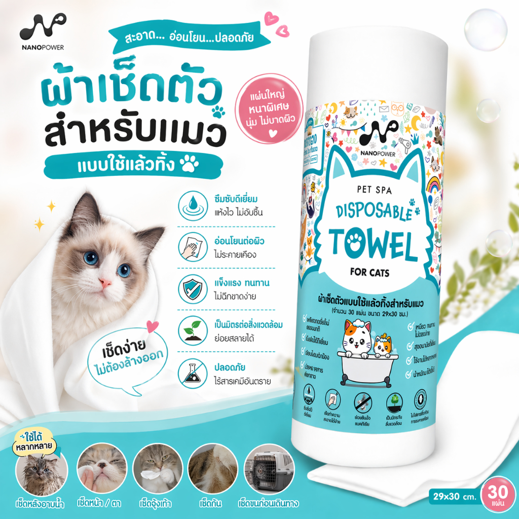 NANOPOWER CAT TOWEL - ผ้าเช็ดตัวแบบใช้แล้วทิ้งสําหรับแมว (จํานวน 30 แผ่น ขนาด 29x30 ซม.) 1 ม้วน