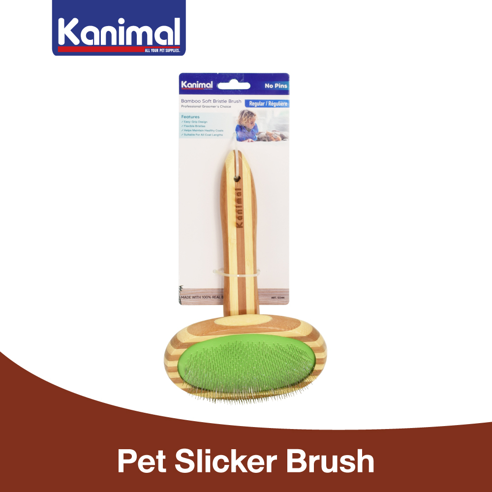 12344] Kanimal Bamboo Oval Slicker Brush แปรงสลิคเกอร์ หวีสางขน (ไร้หมุด) สําหรับสุนัขและแมว Size M ขนาด 12x19 ซม