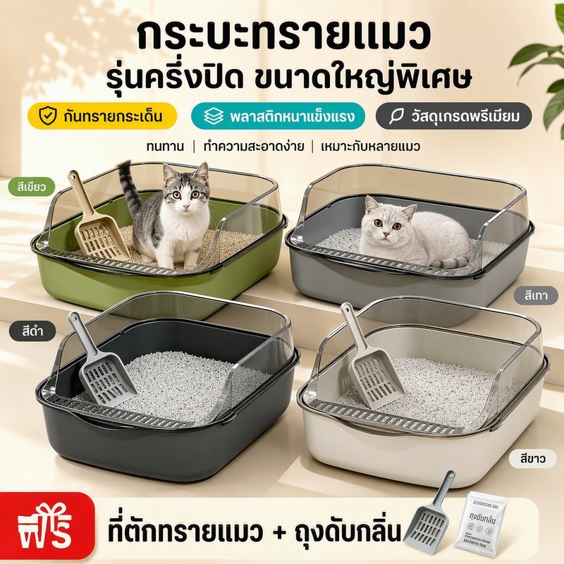 COD🐱ห้องน้ําแมว กระบะทรายแมวขนาดใหญ่ แถมพลั่วตักทรายแมวและถุงดับกลิ่น แยกกลิ่น