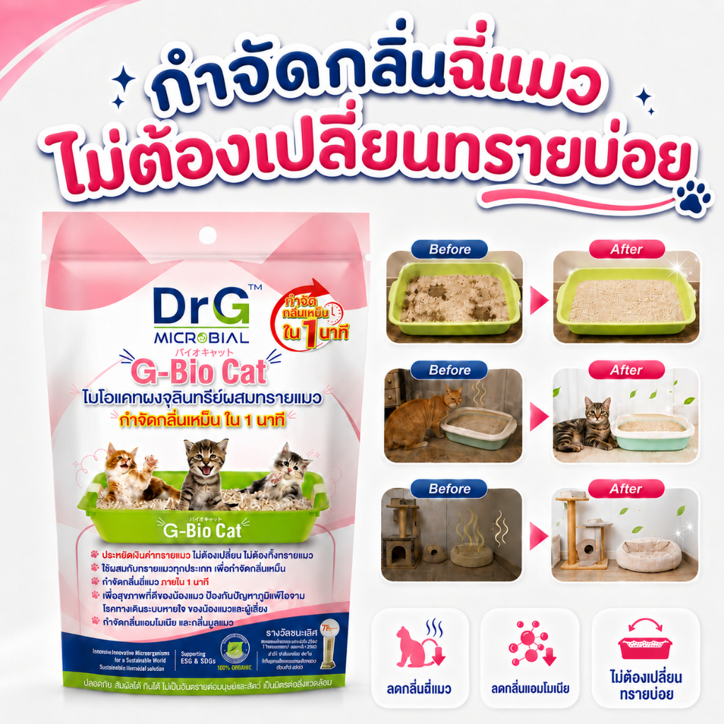 กําจัดกลิ่นฉี่แมว ทรายแมว กลิ่นแอมโมเนีย จุลินทรีย์ธรรมชาติ G-Bio Cat 50g