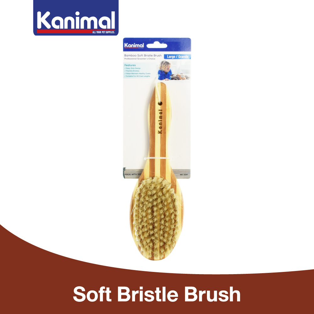 12347] Kanimal Soft Bristle Brush หวีเส้นใยธรรมชาติ แปรงนวดเส้นขน หวีขนหมู สําหรับสุนัขและแมวขนสั้น 24x7 ซม. (ด้ามยาว)