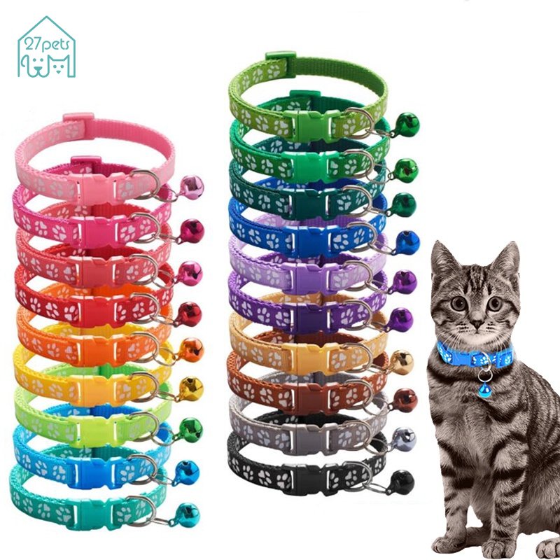 27Pets」ปลอกคอสัตว์เลี้ยง ปรับตําแหน่งกระดิ่ง รอยเท้าแมว หลากสี