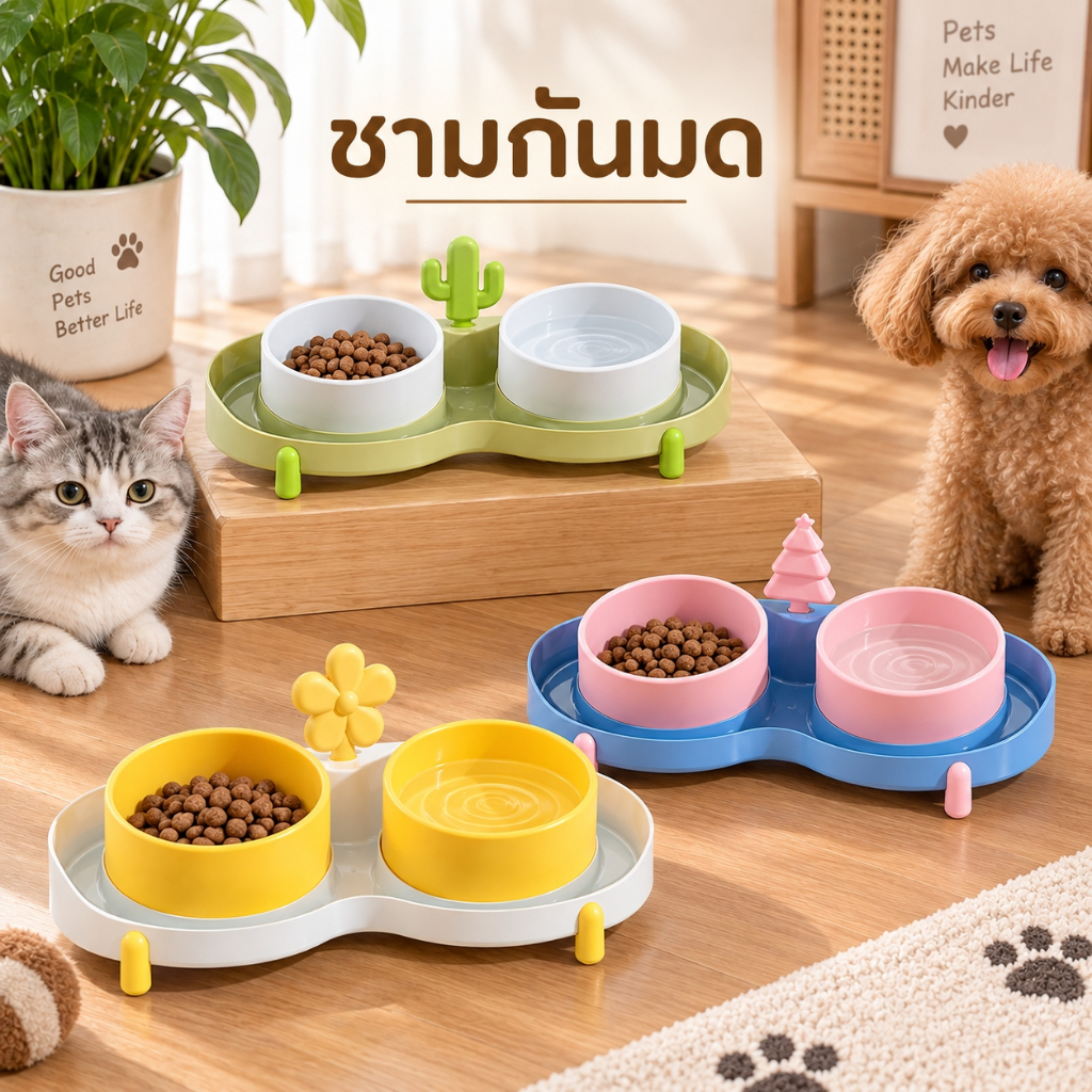 ชามคู่+ต้นไม้ ชามกันมด มีที่เปิดประป๋อง ชามแมว ชามสุนัข มีช่องใส่น้ํา กันหก ที่เปิดฝาอาหารกระป๋องสุดน่ารัก