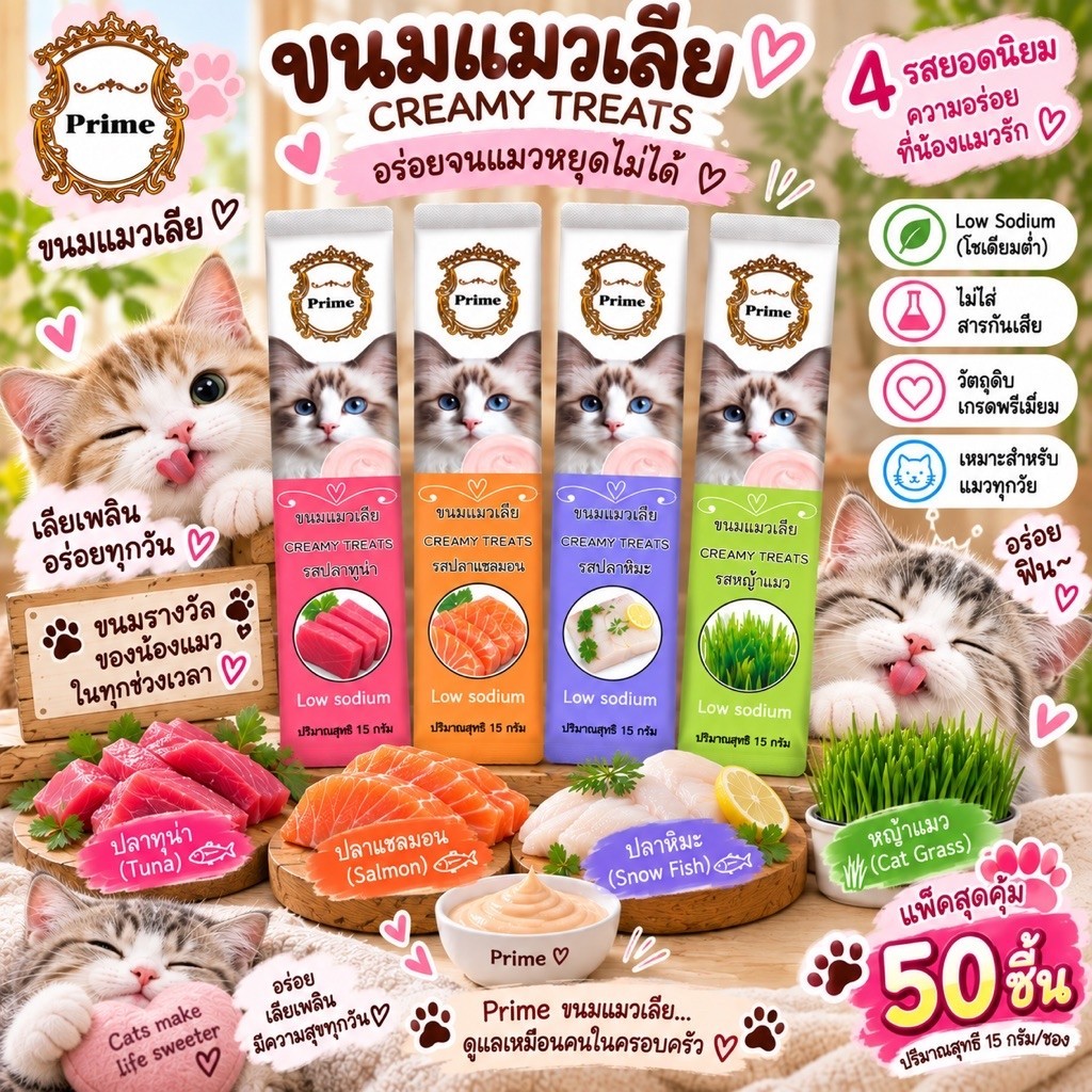 ขนมแมวเลีย[PRIME]ขนมแมวเลียคละรสชาติ 50ชิ้นโซเดียมต่ํา15gราคาถูก