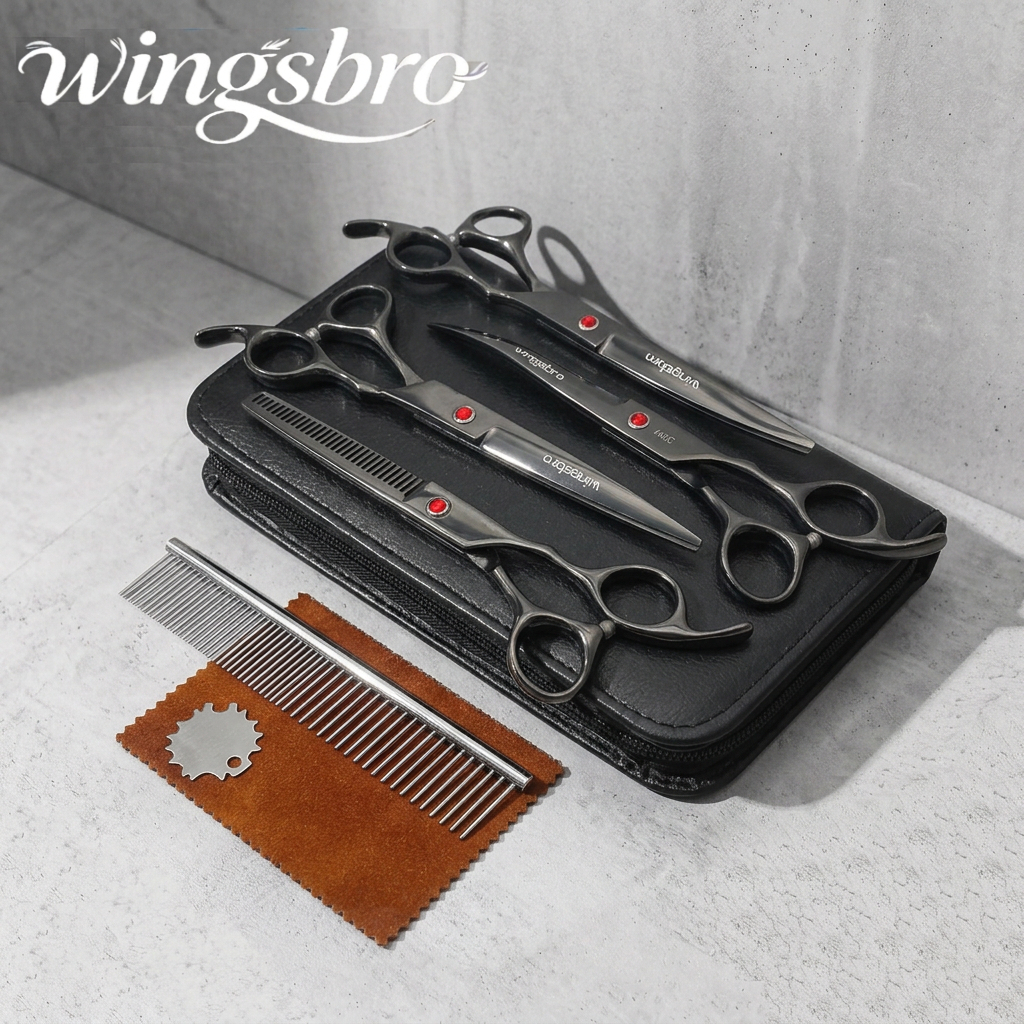 Wingsbro 7.5 นิ้วชุดกรรไกรกรูมมิ่งสัตว์เลี้ยง,กรรไกรโค้งขึ้นลงกรรไกรผมสุนัขแมว,ชุดกันขนสัตว์เลี้ยงชุดตัดผมสัตว์ (สีดํา)