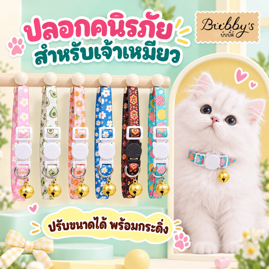 PP-1103 Bubby's ปลอกคอแมวพร้อมกระดิ่งน่ารัก ปรับขนาดได้ ใส่สบาย พร้อมจัด ! 🌟 บับบี้ Bubby By pet project mall
