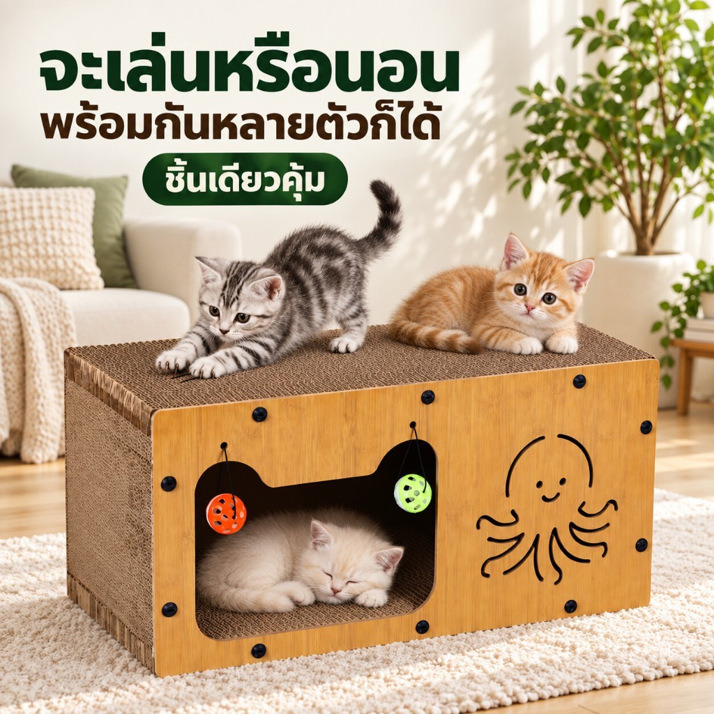 บ้านแมว ที่ลับเล็บแมว กระดาษลูกฟูก พร้อมลูกบอลกระดิ่ง ที่นอนแมว ทรงกล่อง ราคาถูก HOM