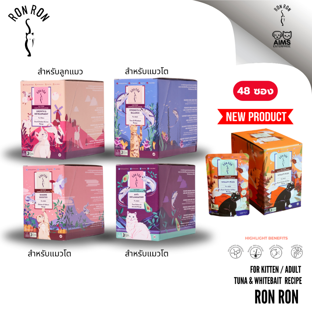 48 ซอง/ลัง] Ron Ron อาหารเปียกแมว พรีเมียม Complete & Balanced สําหรับแมวทุกสายพันธุ์ โปรตีนสูง เกรด Holistic 75g