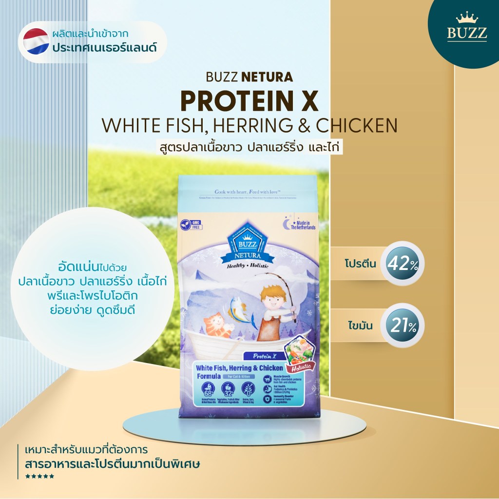 บัส Buzz Netura Protein X โปรตีน เอ็กซ์ อาหารแมวเกรดโฮลิสติก เกรนฟรี ขนาด 1 กิโลกรัม
