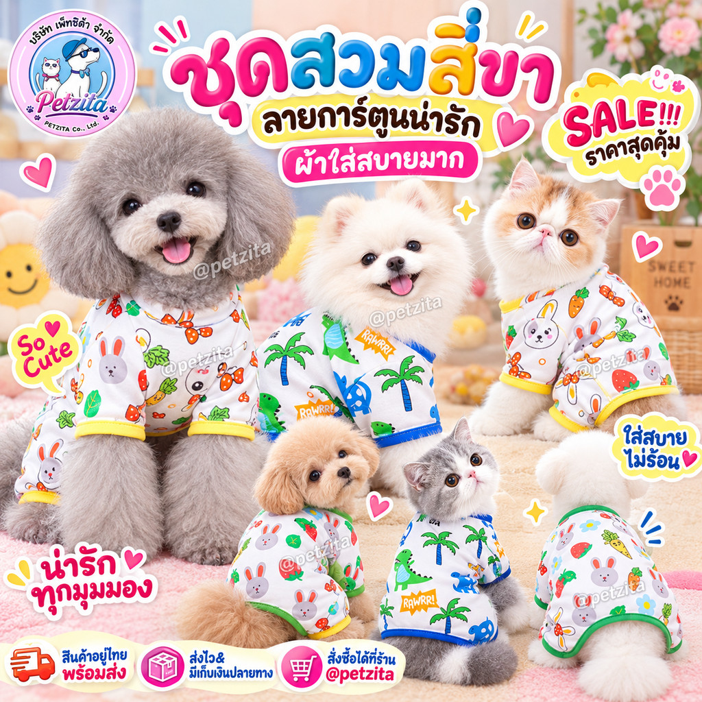 SALE ชุดสี่ขาสัตว์เลี้ยง หมา แมว ลายน่ารัก ชุดนอน ชุดกันขนร่วง ผ้าบางเบาใส่สบายจ้า